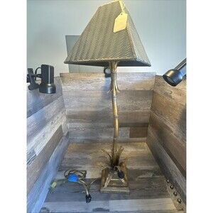 Vintage Slim Tall Wavy Faux Bamboo Gold Gilt Palm Tree Monkey Buffet Table Lamp